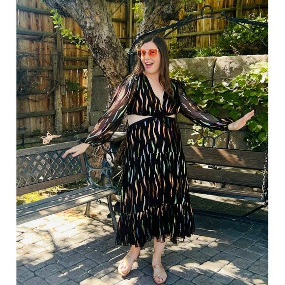 SHOSHANNA Black Georgette Metallic Ribbon Waist Cinching Cutout Randi Dress 14 - Picture 1 of 15